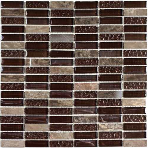 Фото Мозаика стеклянная с камнем Bonaparte Super Line brown 48х15 (300х300х8 мм)